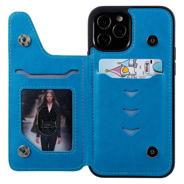 Cat Bee Embossing Pattern Shockproof Protective Case with Card Slots & Photo Frame - iPhone 12 / 12 Pro(Blue)