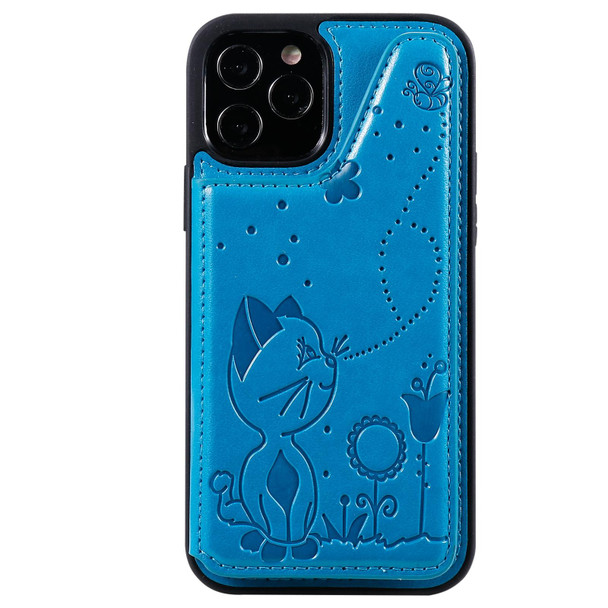 Cat Bee Embossing Pattern Shockproof Protective Case with Card Slots & Photo Frame - iPhone 12 / 12 Pro(Blue)