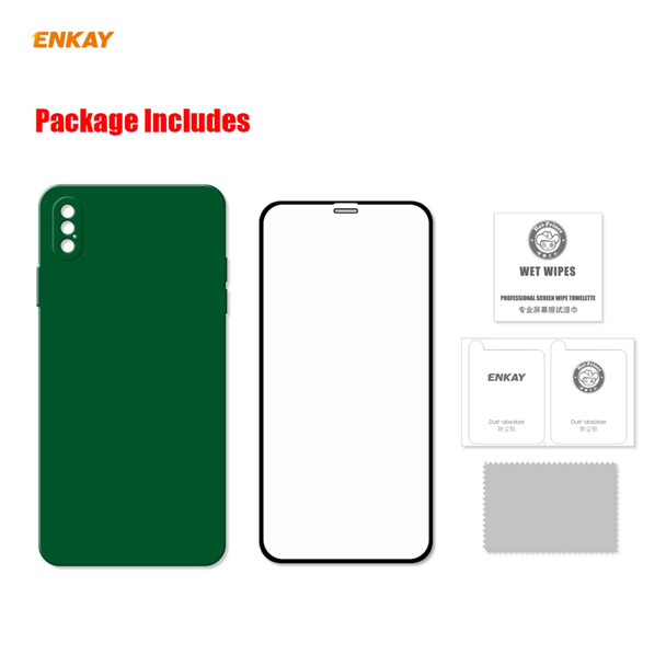 ENKAY ENK-PC0722 Hat-Prince Liquid Silicone Straight Edge Shockproof Protective Case + 0.26mm 9H 2.5D Full Glue Full Screen Tempered Glass Film - iPhone XS Max(Dark Green)