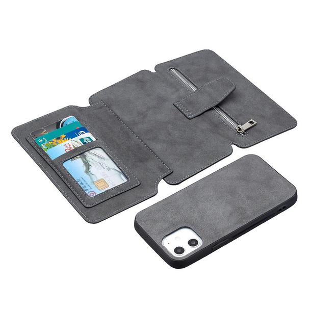 Detachable Frosted Magnetic Horizontal Flip Leatherette Case with Card Slots & Holder & Zipper Wallet & Photo Frame - iPhone 12 mini(Grey)