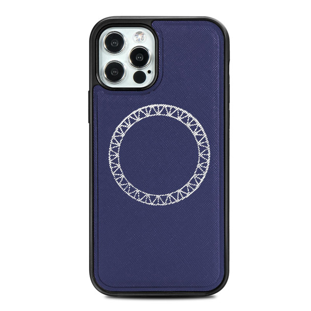 Cross Texture Embossing Magnetic PU + TPU Protective MagSafe Case - iPhone 12 / 12 Pro(Blue)