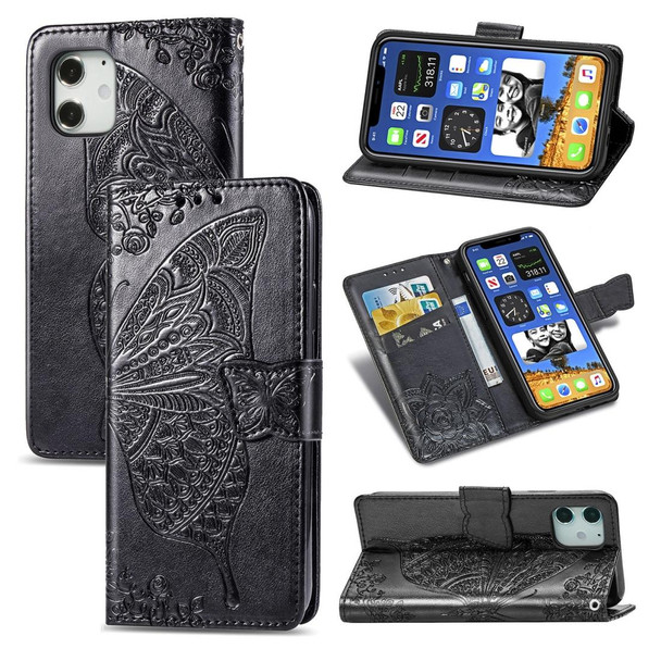 iPhone 12 / 12 Pro 6.1 inch Butterfly Love Flower Embossed Horizontal Flip Leather Case with Bracket / Card Slot / Wallet / Lanyard(Black)