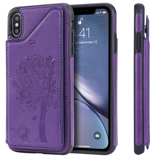 iPhone XS Max Cat Tree Embossing Pattern Shockproof Protective Case with Card Slots & Photo Frame & Holder(Purple)