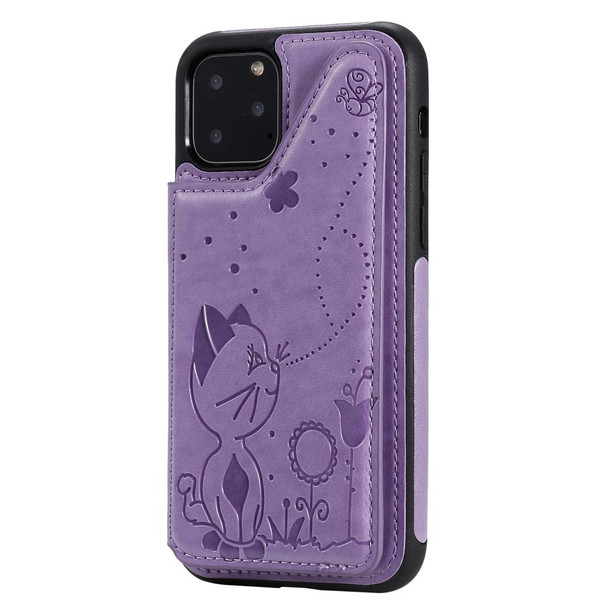 iPhone 11 Pro Cat Bee Embossing Pattern Shockproof Protective Case with Card Slots & Photo Frame(Purple)