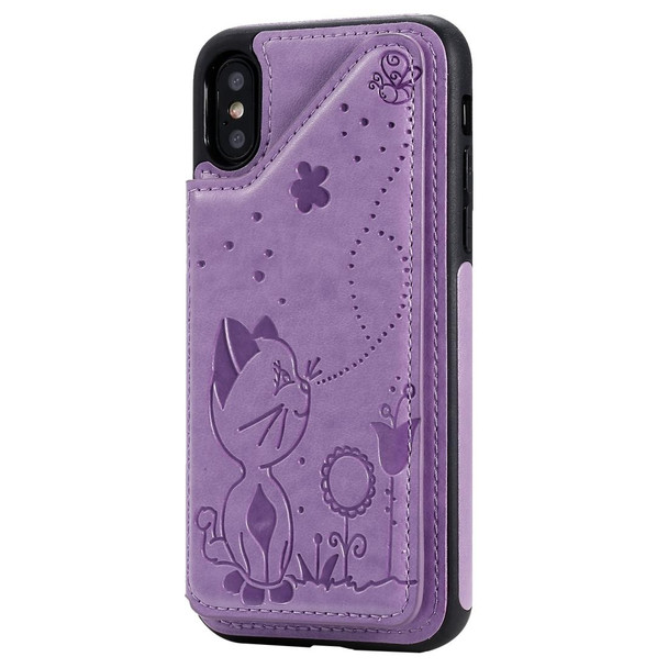 iPhone XS Cat Bee Embossing Pattern Shockproof Protective Case with Card Slots & Photo Frame(Purple)