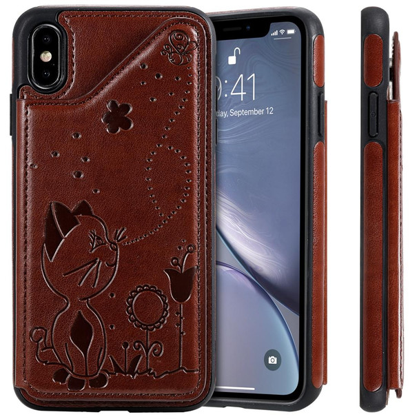 iPhone XS Max Cat Bee Embossing Pattern Shockproof Protective Case with Card Slots & Photo Frame(Brown)