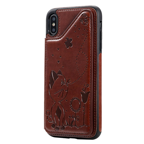 iPhone XS Max Cat Bee Embossing Pattern Shockproof Protective Case with Card Slots & Photo Frame(Brown)