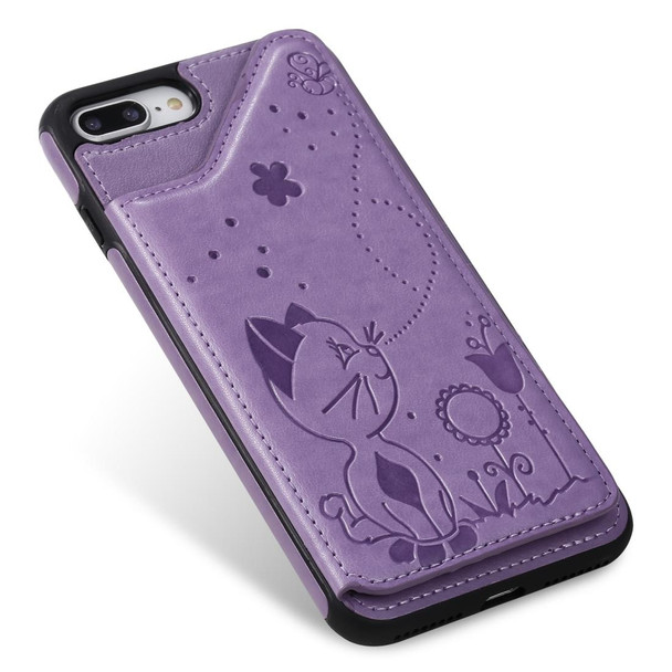 iPhone 8 Plus / 7 Plus Cat Bee Embossing Pattern Shockproof Protective Case with Card Slots & Photo Frame(Purple)