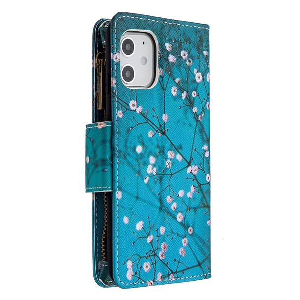 iPhone 12 mini Colored Drawing Pattern Zipper Horizontal Flip Leather Case with Holder & Card Slots & Wallet(Plum Blossom)