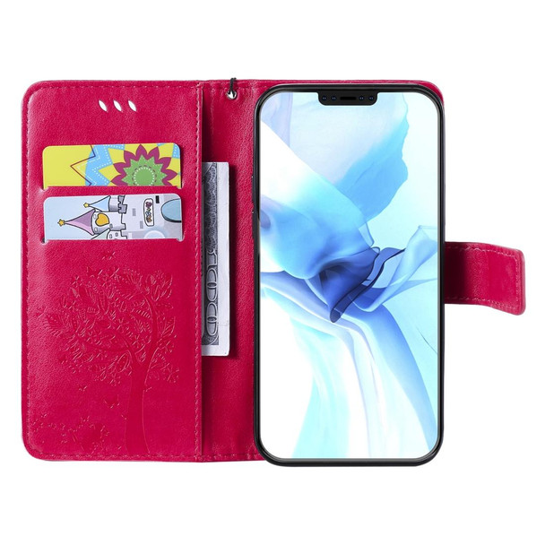 iPhone 12 / 12 Pro Tree & Cat Embossed Pattern Horizontal Flip Leather Case with Holder & Card Slots & Wallet & Lanyard(Rose Red)