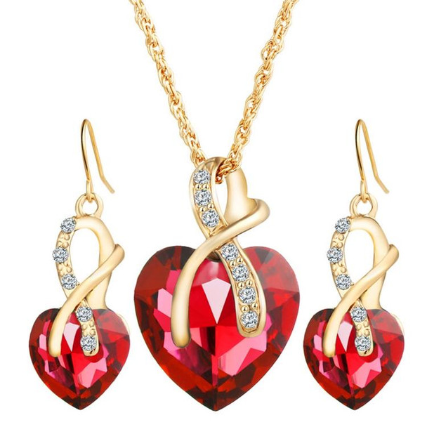 3 PCS / Set Women Heart Shaped Crystal Zircon Earring Necklace Jewelry Set(Red)