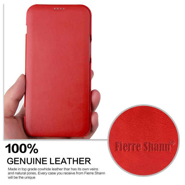 Fierre Shann Business Magnetic Horizontal Flip Genuine Leatherette Case - iPhone 12 / 12 Pro(Red)