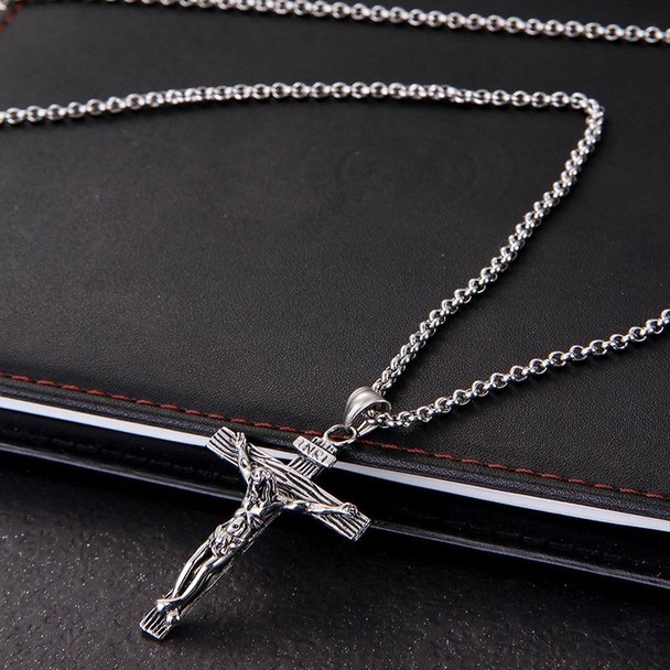 10 PCS Men Vintage Stainless Steel Cross Jesus Pendant Necklace(Cross chain-Silver)