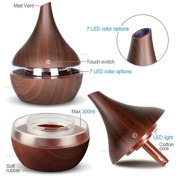 2 PCS 300ml USB Electric Aroma air diffuser wood Ultrasonic air humidifier Essential oil Aromatherapy Cool Mist Maker(Flat Mouth Deep Wood Grain)