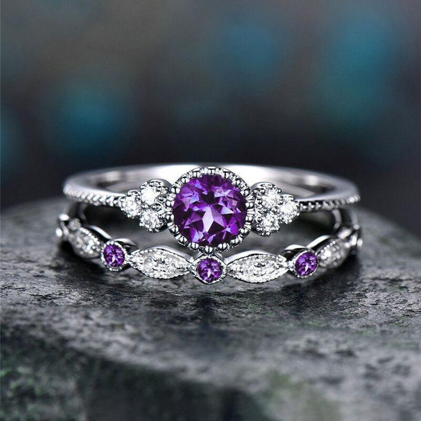 2 PCS/Set Women Fashion Zircon Gemstone Ring 8(Purple)
