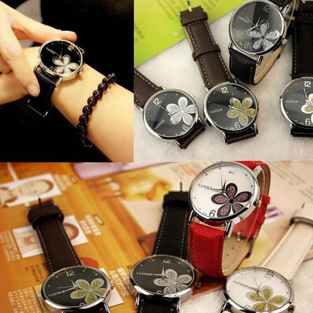 YAZOLE Ladies OL Style Four-leaf Clover Pattern Quartz Watch(338 black plate gold flower black belt)