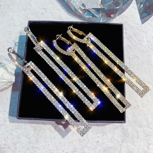 Fashion Long Geometric Drop Earrings Luxury Gold Silver Color Rectangle Rhinestone Earring(Blue)