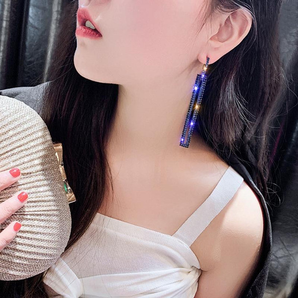 Fashion Long Geometric Drop Earrings Luxury Gold Silver Color Rectangle Rhinestone Earring(Blue)