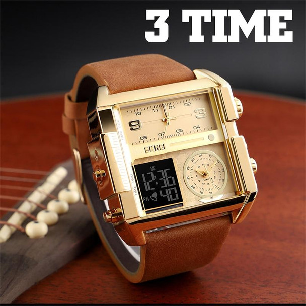 SKMEI 1391 Multifunctional Men Business Digital Watch 30m Waterproof Square Dial Wrist Watch with Leather Watchband(Brown)