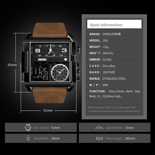 SKMEI 1391 Multifunctional Men Business Digital Watch 30m Waterproof Square Dial Wrist Watch with Leather Watchband(Black)