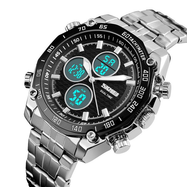 SKMEI 1302 Fashion Men Leisure Wrist Watch Multifunctional Dual-time Sports Digital Watch with Stainless Steel Watchband 30m Waterproof (Silver+Black)
