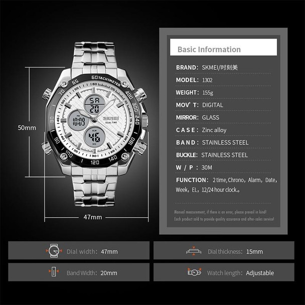 SKMEI 1302 Fashion Men Leisure Wrist Watch Multifunctional Dual-time Sports Digital Watch with Stainless Steel Watchband 30m Waterproof (Silver+Black)