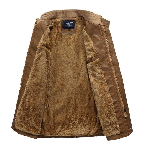 Men Long Style Leather Jacket Coat (Color:Khaki Size:XL)