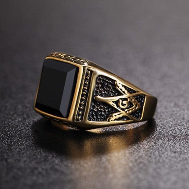 Europe and America Style Punk Gothic Retro Black Onyx Gemstone Men Titanium Steel Ring, US Size: 9, Diameter: 19mm, Perimeter: 59.8mm(Gold)