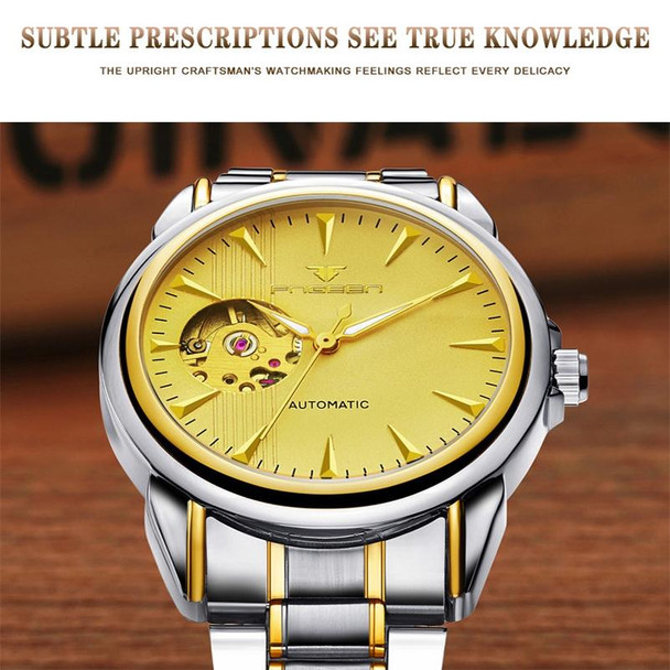 FNGEEN 8813 Multifunction Automatic Men Mechanical Watch(Brown Leatherette Gold Black Surface)