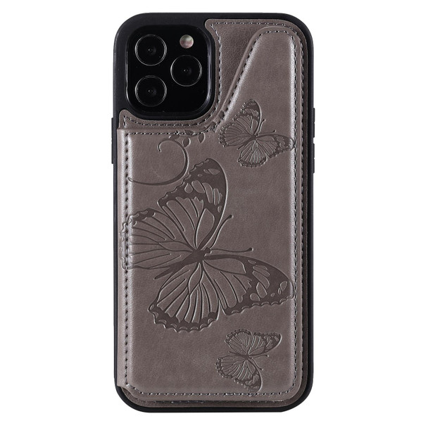 Butterfly Embossing Pattern Shockproof Protective Case with Holder & Card Slots & Photo Frame - iPhone 12 / 12 Pro(Grey)