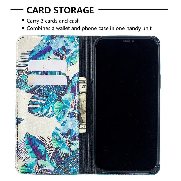 Colored Drawing Pattern Invisible Magnetic Horizontal Flip PU Leatherette Case with Holder & Card Slots & Wallet - iPhone 12 Pro Max(Blue Leaves)
