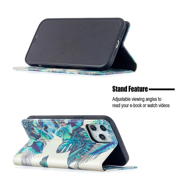 Colored Drawing Pattern Invisible Magnetic Horizontal Flip PU Leatherette Case with Holder & Card Slots & Wallet - iPhone 12 Pro Max(Blue Leaves)
