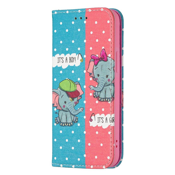 Colored Drawing Pattern Invisible Magnetic Horizontal Flip PU Leatherette Case with Holder & Card Slots & Wallet - iPhone 12 mini(Elephant)