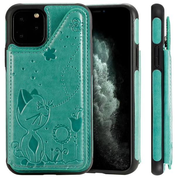 iPhone 11 Pro Cat Bee Embossing Pattern Shockproof Protective Case with Card Slots & Photo Frame(Green)