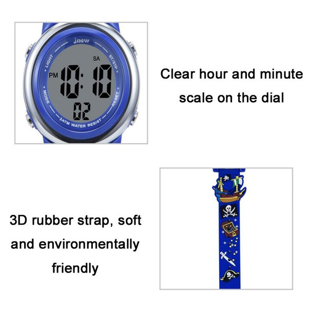 JNEW A380-20092 Children Cartoon 3D Pirate Ship Waterproof Time Cognitive Multifunction Sports LED Electronic Watch(Blue)