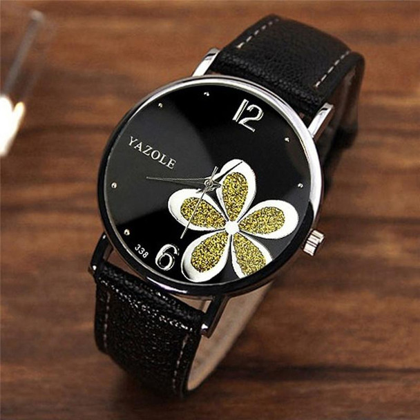 YAZOLE Ladies OL Style Four-leaf Clover Pattern Quartz Watch(338 white plate gold flower black belt)