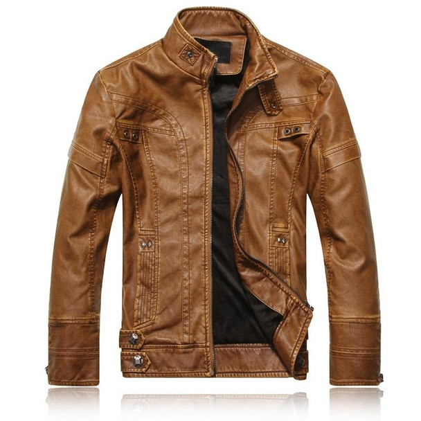 Men Plus Velvet Fashion Leather Jacket Motorcycle Coat (Color:Khaki Size:M)