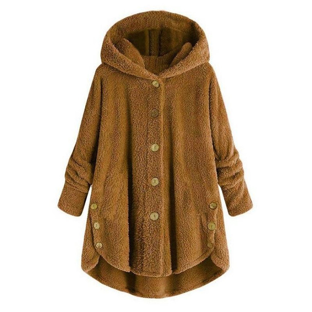 Button Plush Irregular Solid Color Coat (Color:Turmeric Size:S)