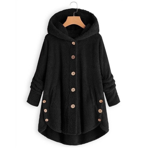 Button Plush Irregular Solid Color Coat (Color:Black Size:XXXXL)