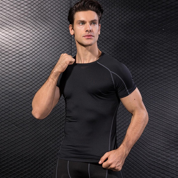 Fitness Running Training Suit Stretch Quick Dry Tight Short Sleeve T-shirt (Color:Black Red Size:L)