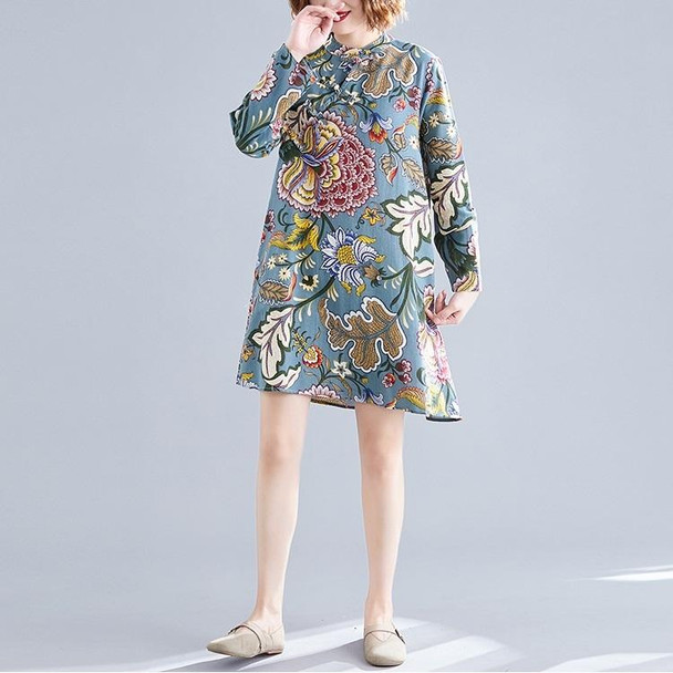 Art Retro Cotton And Linen Improved Cheongsam Dress (Color:As Shown Size:XXXL)