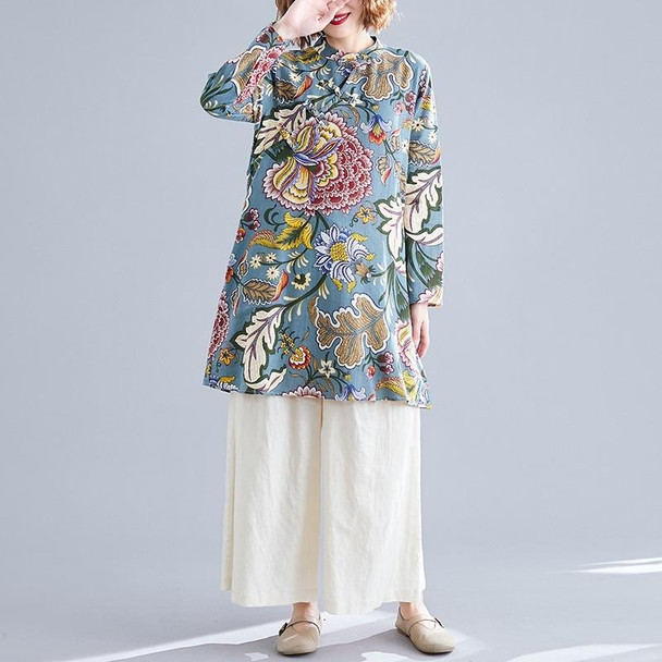 Art Retro Cotton And Linen Improved Cheongsam Dress (Color:As Shown Size:XXL)
