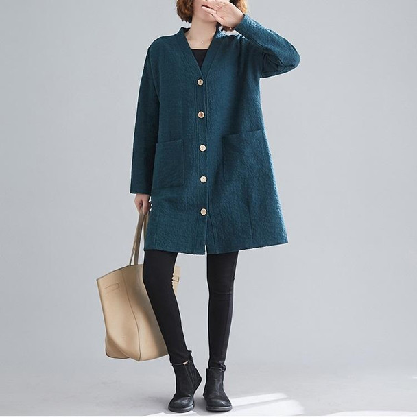 Retro Art New Style V-neck Long-sleeved Mid-length Cotton And Linen Jacquard Jacket Wild Cardigan (Color:Green Size:Free Size)