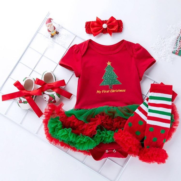 Baby Christmas Clothes Short-sleeved Cartoon Print Lace Dress Four-piece (Color:Christmas Tree Size:59)