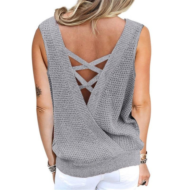 Solid Color Deep V-neck Backless Knitted Vest T-shirt for Ladies (Color:Grey Size:XL)