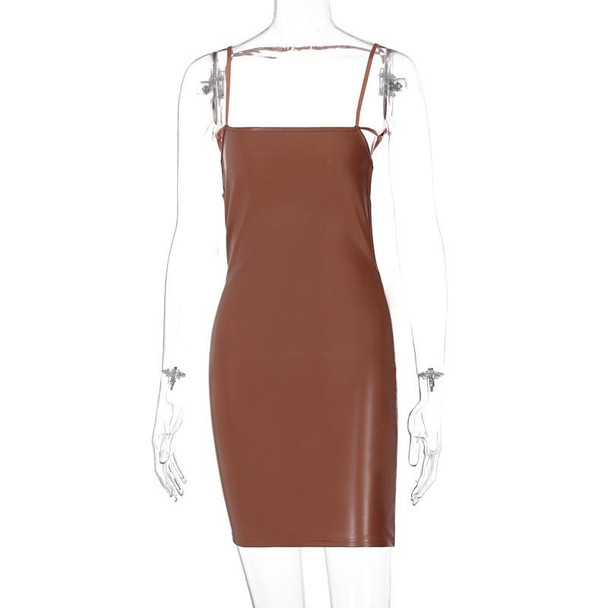 Ladies PU Leather Sexy Sling Dress (Color:Brown Size:M)