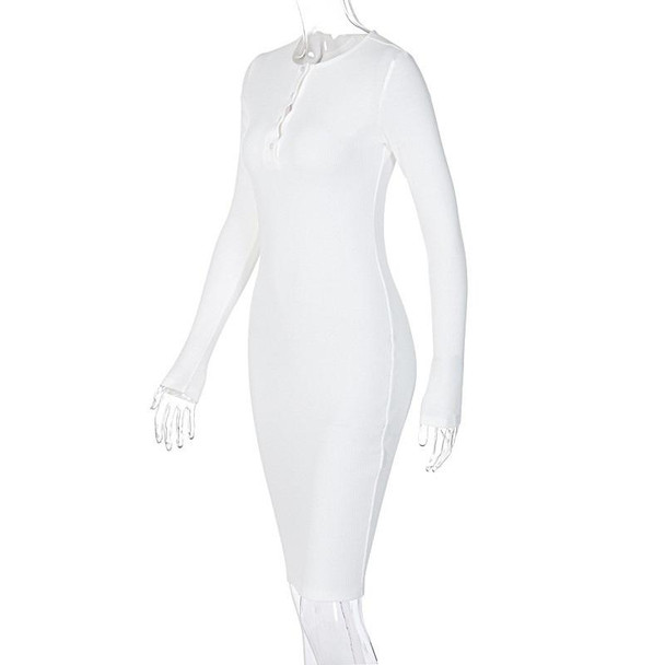 Ladies V-neck Button Lo Texture Long Sleeve Dress (Color:White Size:L)
