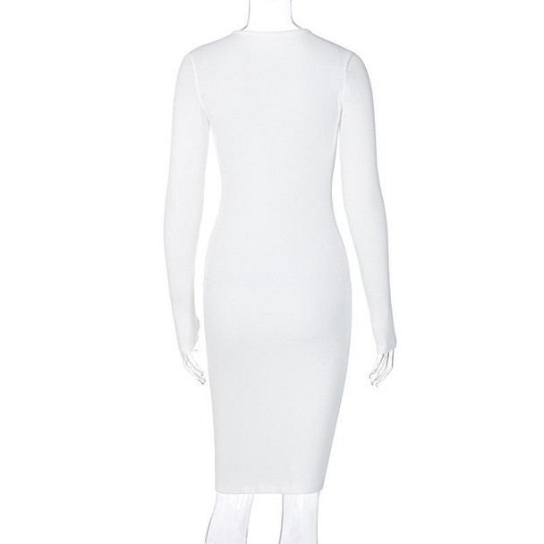 Ladies V-neck Button Lo Texture Long Sleeve Dress (Color:White Size:M)