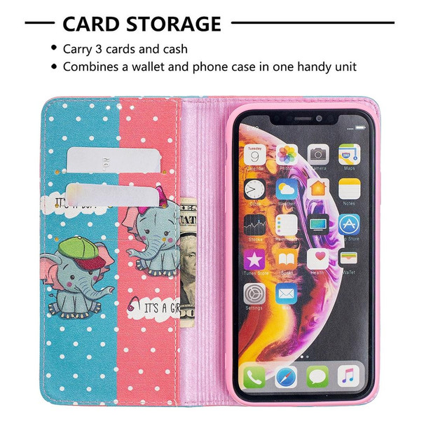 Colored Drawing Pattern Invisible Magnetic Horizontal Flip PU Leatherette Case with Holder & Card Slots & Wallet - iPhone XR(Elephant)