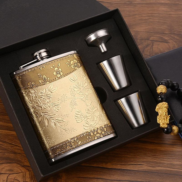 Portable Stainless Steel Hip Flask Set With Wine Glass Funnel, Style: 8OZ Yellow Floral Pattern Core